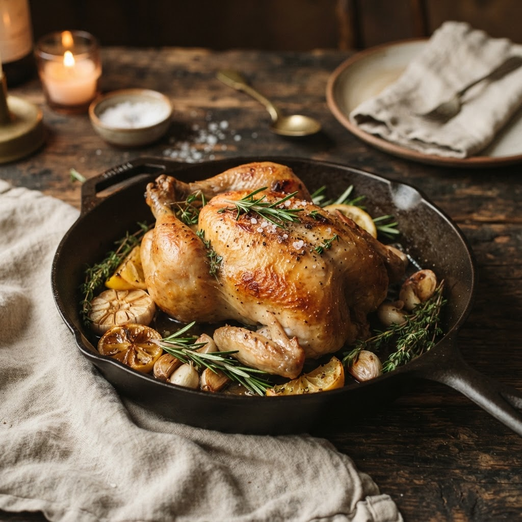 Frango assado dourado em panela de ferro com limão e alho