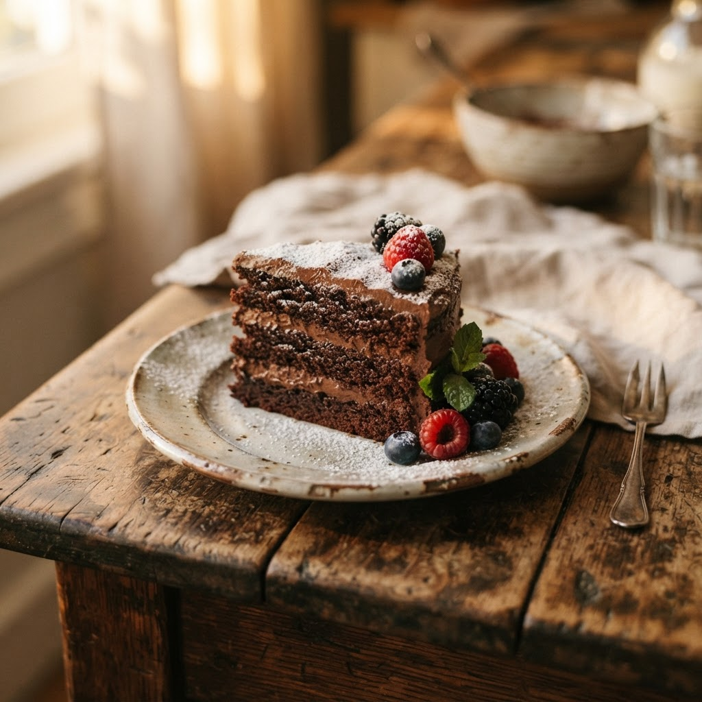 Fatia de bolo de chocolate caseiro com frutas vermelhas