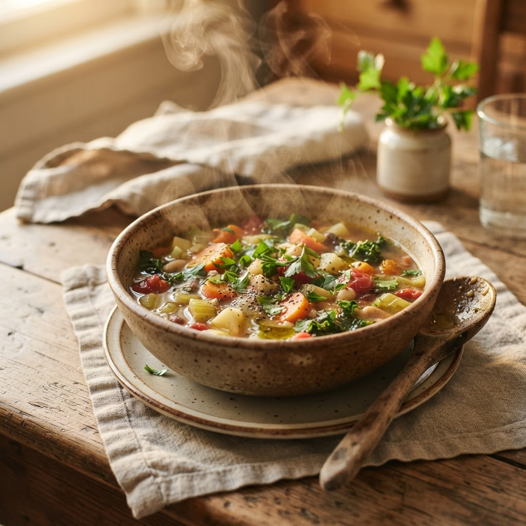 Sopa caseira de legumes fumegando em tigela de barro